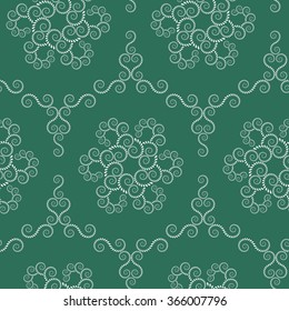 Spiral seamless lace pattern. Vintage texture. Abstract twirl figures of laurel leaves texture. Green, gray, contrast colored background. Vector 