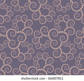 Spiral seamless lace pattern. Vintage texture. Abstract twirl figures of laurel leaves texture. Rose, lilac contrast colored background. Vector 