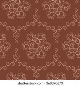 Spiral seamless lace pattern. Vintage texture. Abstract twirl figures of laurel leaves texture. Brown, sepia contrast colored background. Vector 