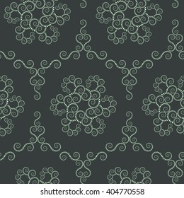 Spiral seamless lace pattern. Vintage abstract texture. Spiral, twirl figures of laurel leaves. Green gray contrast colored background. Vector 