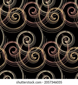 Spiral seamless pattern. Abstract geometric ornament. Copper, silver and gold metal spirals on black background