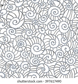 Spiral seamless pattern. Abstract twirl figures of snail. Vector abstract hand-drawn waves texture, wavy background