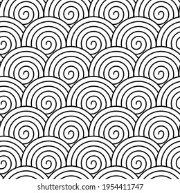 Patrón sin foco espiral. Big Black Se Mueve En Filas En Blanco. Muchas formas redondeadas de rotación. Fondo Geométrico Fácil. Papel De Pantalla Al Estilo Art zen. Resumen de textura sin fin. Ilustración vectorial de arte.