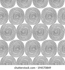 Spiral seamless pattern in black and white is hand drawn ink illustration. Illustration is in eps8 vector mode, background on separate layer. 