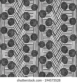 Spiral seamless pattern in black and white is hand drawn ink illustration. Illustration is in eps8 vector mode, background on separate layer. 
