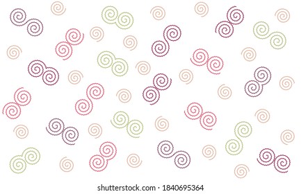 Spiralnahtloses Muster, Schokolade, rosafarbene und grüne Spiralnähte auf weißem Hintergrund. Ideal für Papier, Deckel, Stoff, Innendekoration und andere Benutzer.