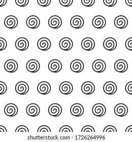 Spiral Seamless Pattern. Endless Texture With Many Isolated Round Swirls. Black And White Background In Zen Art Style. Shapes In Horizontal Rows. Abstract Vector Illustration. Geometric Wallpaper.
