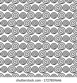 Spiral Seamless Pattern. Endless Texture With Many Isolated Round Swirls. Black And White Wallpaper In Zen Art Style. Big and Small Shapes On White Background. Monochrome Abstract Illustration. 
