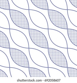 Spiral seamless pattern filled with Japanese half-circle style print. Chain ornament with fish scale trellis inside. Half-circle lace print. Vector illustration.