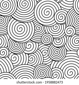 Spiral Seamless Pattern. Many Big And Small Black Swirls On White. Many Round Shapes. Rotation. Abstract Background. Decor. Wallpaper In Zen Art Style. Endless Texture. Art Vector Illustration.