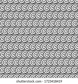 Spiral Nahtlose Muster. Monochrome Endlose Textur mit vielen runden Schlingen. Formen in horizontalen Reihen. Hintergrund im Zen-Art-Stil. Vektorgrafik. Abstraktes Schwarzweiß-Tapete.

