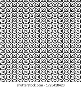 Patrón sin costura. Textura Monocromática Interminable Con Muchas Formas De Giro Redondo En Filas Horizontal. Antecedentes De Estilo Zen Art. Ilustración vectorial. Papel De Techo Negro Y Blanco Abstracto.