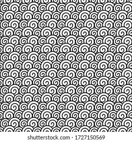 Patrón sin foco espiral. Textura Monocroma Interminable Con Numerosos Remolques. Papel De Techo Negro Y Blanco Con Estilo De Arte Zen. Formas grandes y pequeñas en fondo blanco. Vector abstracto. 