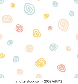 Spiral seamless pattern. Retro background with hand-drawn doodle lines. Minimalistic Scandinavian style in pastel colors. Ideal for printing baby clothes, textiles, fabrics, wrapping paper