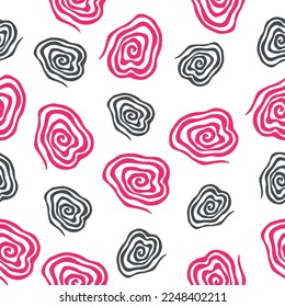 Spiral seamless vector pattern. Vector image on white background. Black and pink colors.