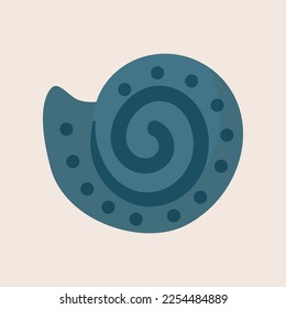 Sello espiral de la ilustración vectorial de color azul. Dibujo de caricatura de caracol aislado en un fondo beige. Verano, vacaciones o vacaciones, concepto de decoración