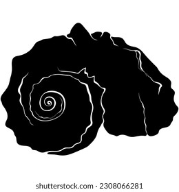 Spiral seashell front view silhouette. Black vector hand drawn illustration isolated on white. Element for design seafood shop or menu, decor, label. Simple flat symbol ocean seashell