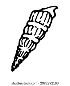 spiral seashell icon. hand-drawn in the style of doodles, a long spiral shape isolated black outline on white for a summer design template. Vector drawing