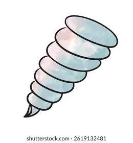 Concha espiral em azul claro-cinza com efeito de aquarela. Concha cônica com curvas de giro e sombras suaves no fundo branco. Decoração para gráficos marinhos ou costeiros. Ilustração vetorial.