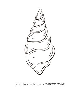 Spiral seashell logo in line art style. Marine twisted sea shell. Underwater shellfish. Vector illustration isolated on a white background.