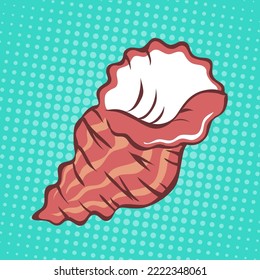 Spiral seashell. Marine underwater twisted shell. Undersea mollusc. Decorative element. Mediterranean culture. Cartoon vector illustration isolated on blue background. Hand drawn outline style