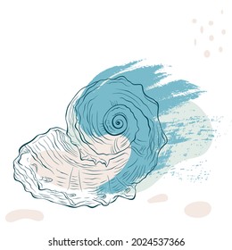 Spiral seashell on spotted grunge background in line art style. Vector color hand drawn illustration with place for text. Elements for design seafood shop or menu, decor, label, print, poster, t-shir