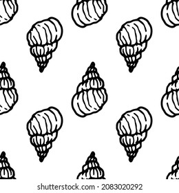spiral seashell pattern. seamless pattern of the drawing is hand-drawn in the style of a doodle black outline is arranged geometrically on white for a summer design template