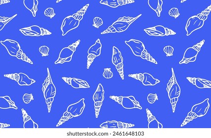 Spiral seashells hand drawn seamless pattern. Shells wallpaper on blue background. Ideal for design elements in nautical themes, marine and beach decor.