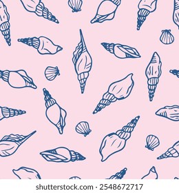 Spiral seashells hand drawn seamless pattern. Blue shells on pink background. 