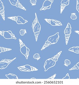 Spiral seashells hand drawn seamless pattern. Shells wallpaper on light background. 