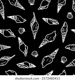 Spiral seashells hand drawn seamless pattern. White Shells on black background. 