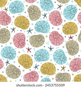 Spiral seashells seamless vector pattern. Colorful nautilus shells, starfish on the seabed. Swirl underwater animals, ocean creatures. Hand drawn doodle, sea ornament. Marine cartoon background