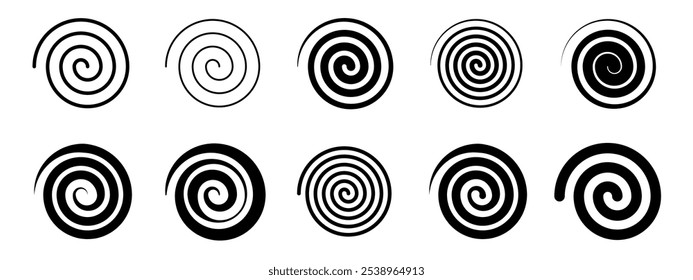 Spiral set. Editable spiral stroke collection. Spiral and swirl motion design elements isolated on white background. Abstract circle brush textures.