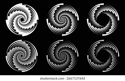 Conjunto espiral. Colección de trazo en espiral editable. Espiral y Elementos de diseño de movimiento de remolino aislados sobre fondo blanco. Texturas Abstractas de pincel circular.
