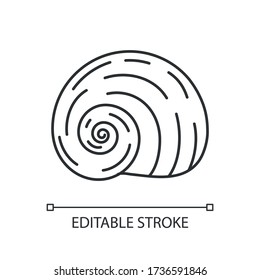 Spiral shell pixel perfect linear icon. Gastropod seashell thin line customizable illustration. Contour symbol. Common snail conch, moonshell vector isolated outline drawing. Editable stroke