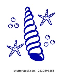 Spiral Shell and starfish. Turret Shell in hand drawn line art style