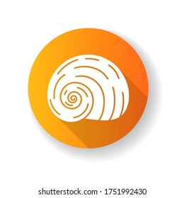 Spiral shell yellow flat design long shadow glyph icon. Gastropod seashell, conchology Empty molluscan animal cockleshell, common snail conch, moonshell silhouette RGB color illustration