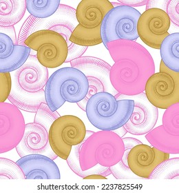 Spiral shells seamless pattern. Seamless background for fabrics, textiles, packaging and wallpaper. Vector illustration 

