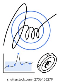 Gráfico de assinatura espiral com pontos moeda criptomoeda e círculos concêntricos azuis. Ideal para finanças, crescimento, investimento, criptomoeda, progresso, análise, estratégia. Metáfora de linha