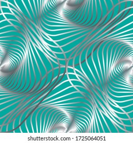 Spiral silver pattern.3D lines are an illusion.turquoise background. vector.seamless.