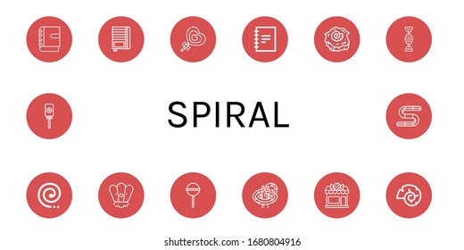 spiral simple icons set. Contains such icons as Notebook, Lollipop, Shell, Dna, Mosquito coil, Black hole, Candy shop, Nautilus, Gummy, can be used for web, mobile and logo