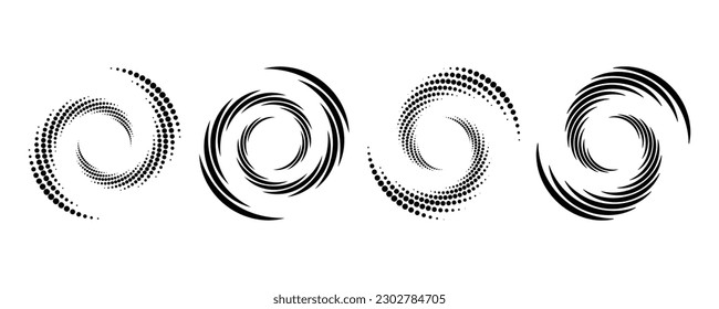 Puntos de movimiento de velocidad de espiral o línea. Puntos de rotación de medio tono negro. Circular sobre el marco. Giro rápido. Resumen de elementos modernos.