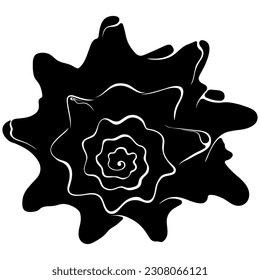 Spiral spiked seashell front view silhouette. Black vector hand drawn illustration isolated on white. Element for design seafood shop or menu, decor, label. Simple flat symbol ocean seashell