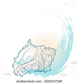 Spiral spiked seashell in line art style on grunge spotted background. Vector color hand drawn illustration with place for text. Elements for design seafood, decor, label, print, poster, t-shirt.
