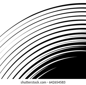 Spiral spreading from corner abstract element. Concentric, circular lines. Swirl, twirl shape