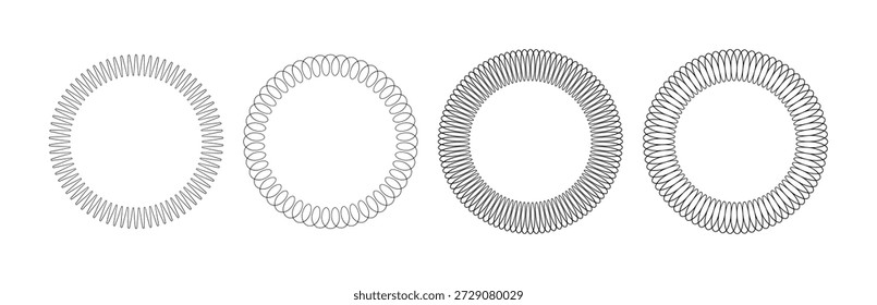 Spiralfederkreis. Metalldraht Spiralfeder Symbol Sammlung. Dünnes Zickzackwellen-Symbol. Flexible Spulenformen. Schleifenlinienmuster. Vektorgrafik einzeln auf weißem Hintergrund. 