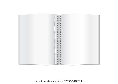 Spiral Spring Connecting Torn Page and Unharmed Blank Spread Paper Pages as Notebook or Block of Sheets Template Top View - Grey Elements on White Background - Vector Gradient Graphic Design