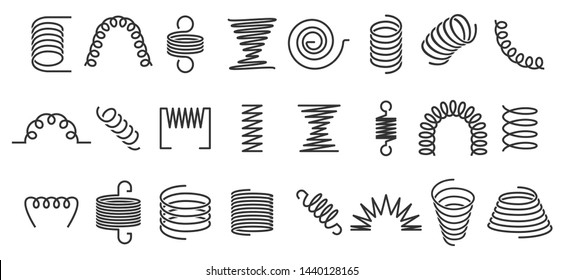 Spiral spring. Flexible coils, wire springs and metal coil spirals silhouette. Vape metallic flexible coils, flexibility steel motor spiral doodle. Isolated vector icons set
