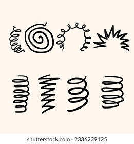 Spiral spring. Flexible coils, wire springs and metal coil spirals silhouette. Vape metallic flexible coils, flexibility steel motor spiral with hand drawn doodle style isolated