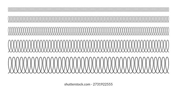 Spiral spring line set. Metal wire coil spring icon collection. Thin zigzag waves symbol. Flexible coil shapes. Loop line seamless pattern. Vector illustration isolated on white background. 
